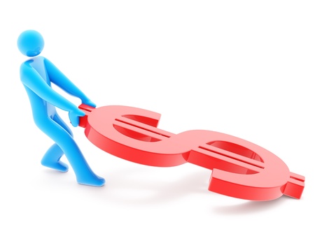 Blue man figure drag dollar sign, isolated on white, 3d renderの写真素材