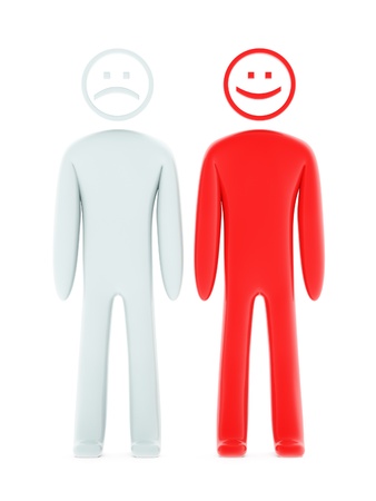 Peoples with sad and cheerful emoticon-shaped heads on white backgroundの写真素材
