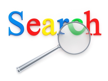 Magnification glass over "search" word on white backgroundの写真素材