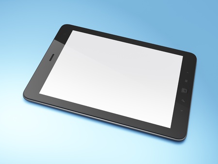 Beautiful black tablet pc on blue background, 3d renderの写真素材