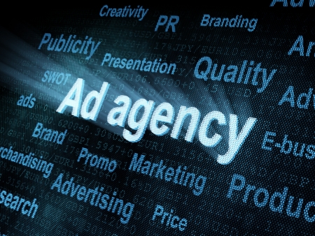 Pixeled word Ad agency on digital screen 3d renderの写真素材