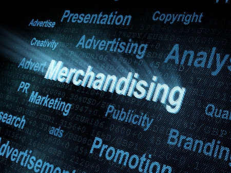 Pixeled word Merchandising on digital screen 3d renderの写真素材