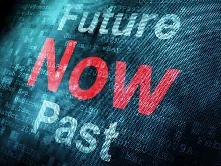 Timeline concept: pixeled word Past Now Future on digital screen, 3d renderの写真素材