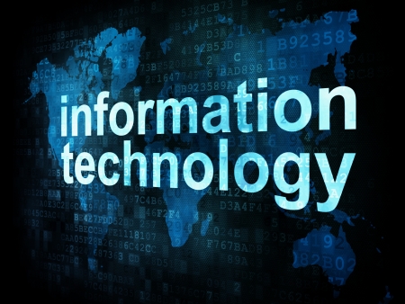 Information technology IT concept: pixelated words information technology on digital screen, 3d renderの写真素材