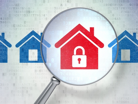 Magnifying optical glass with home icons on digital background, 3d renderの写真素材