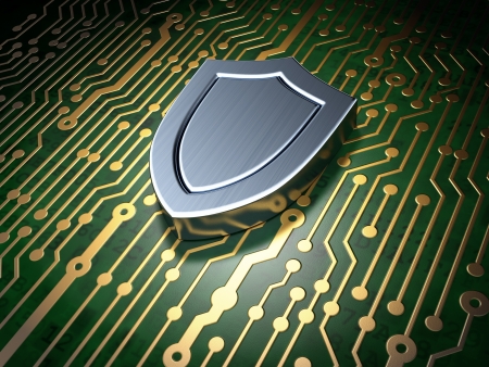 Security concept: circuit board with shield icon, 3d renderの写真素材