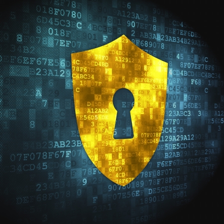 Privacy concept  pixelated Shield With Keyhole icon on digital background, 3d renderの写真素材
