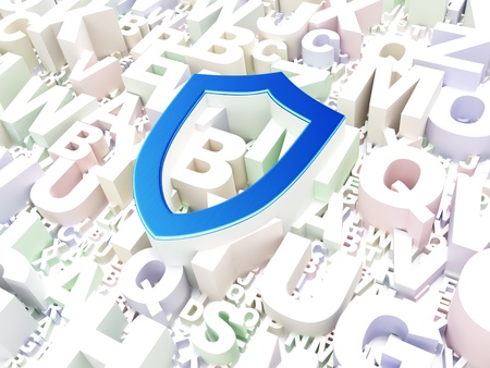 Protection concept  Contoured Shield on alphabet background, 3d renderの写真素材