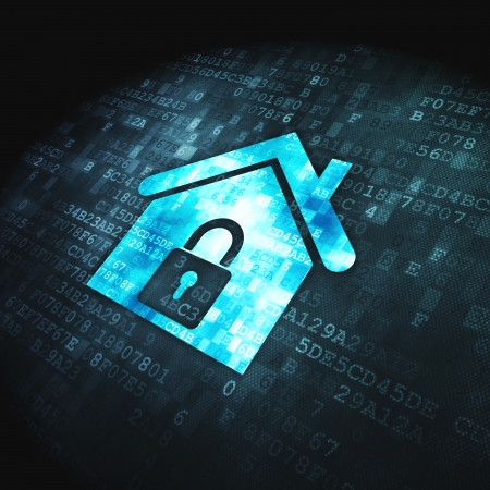Safety concept  pixelated Home icon on digital background, 3d renderの写真素材