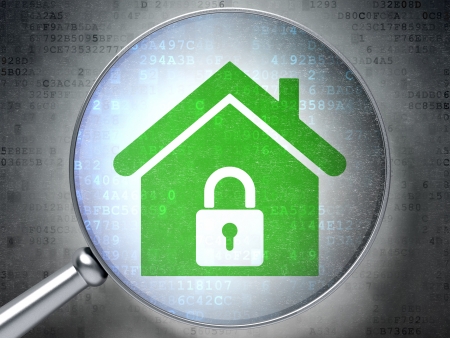 Magnifying optical glass with Home icon on digital background, 3d renderの写真素材