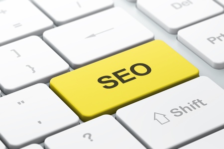 Web development SEO concept  computer keyboard with word SEO, selected focus on enter button, 3d renderの写真素材