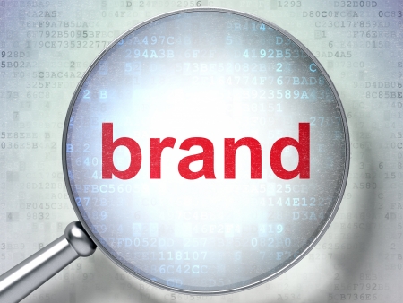 Magnifying optical glass with words Brand on digital background, 3d renderの写真素材