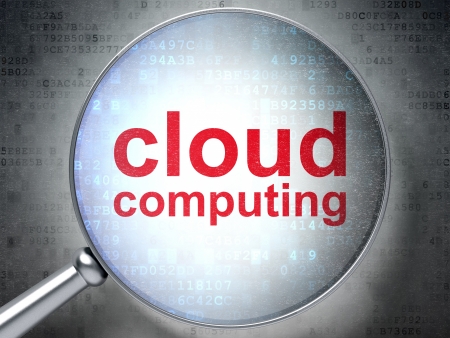 Magnifying optical glass with words Cloud Computing on digital background, 3d renderの写真素材