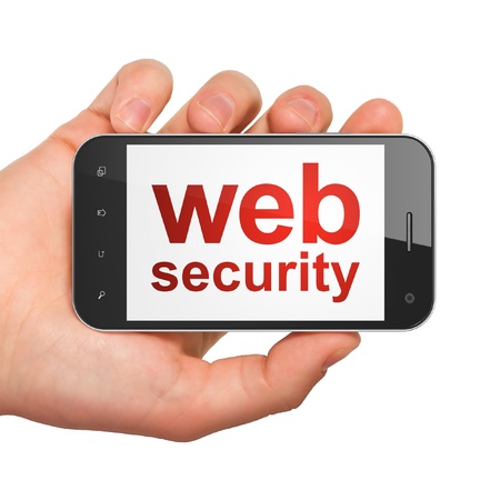 SEO web design concept  hand holding smartphone with word Web Security on display  Generic mobile smart phone in hand on White background の写真素材