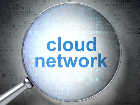 Magnifying optical glass with words Cloud Network on digital background, 3d renderの写真素材