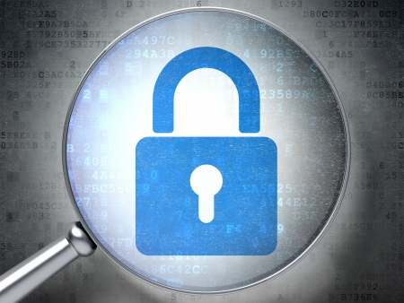Magnifying optical glass with Closed Padlock icon on digital background, 3d renderの写真素材