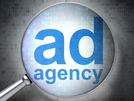 Magnifying optical glass with words Ad Agency on digital background, 3d renderの写真素材