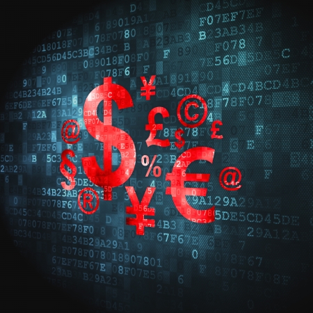 Marketing concept  pixelated Finance Symbol icon on digital background, 3d renderの写真素材
