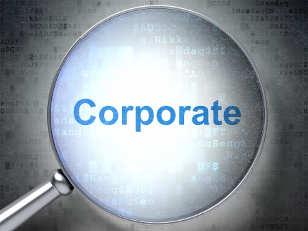 Magnifying optical glass with words Corporate on digital background, 3d renderの写真素材