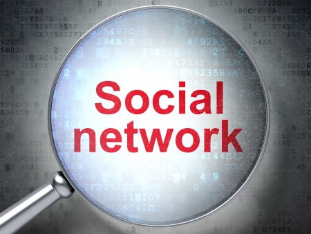 Magnifying optical glass with words Social Network on digital background, 3d renderの写真素材
