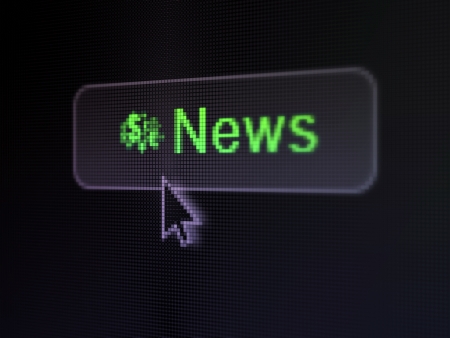 News concept  pixelated words News and Finance Symbol icon on button whis cursor on digital computer screen background, selected focus 3d renderの写真素材