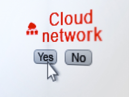 Networking concept  buttons yes and no with pixelated Cloud Network icon, word Cloud Network and Arrow cursor on digital computer screen, selected focus 3d renderの写真素材