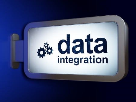 Data concept  Data Integration and Gears on advertising billboard background, 3d renderの写真素材
