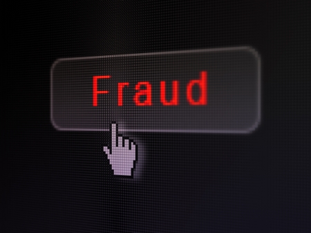 Protection concept  pixelated words Fraud on button whis Hand cursor on digital computer screen background, selected focus 3d renderの写真素材