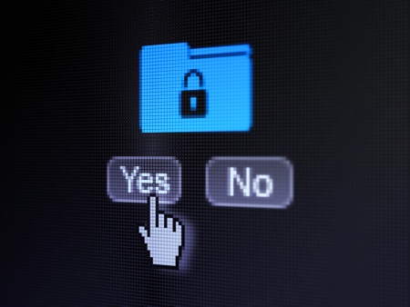 Finance concept  buttons yes and no with pixelated Folder icon and Hand cursor on digital computer screen, selected focus 3d renderの写真素材
