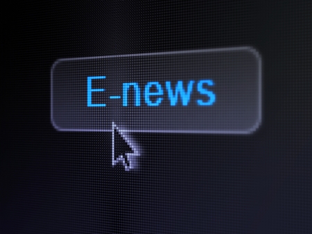 News concept  pixelated words E-news on button whis Arrow cursor on digital computer screen background, selected focus 3d renderの写真素材