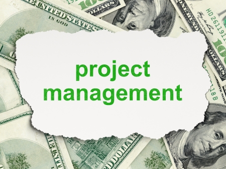 Business concept  torn paper with words Project Management on Money background, 3d renderの写真素材