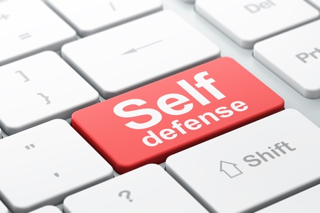 Safety concept  computer keyboard with word Self Defense, selected focus on enter button background, 3d renderの写真素材
