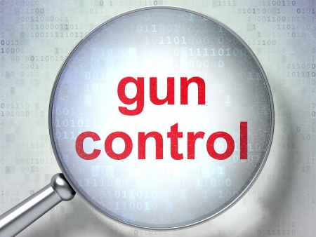 Magnifying optical glass with words Gun Control on digital background, 3d renderの写真素材