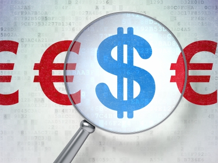 Magnifying optical glass with Dollar And Euro icons on digital background, 3d renderの写真素材