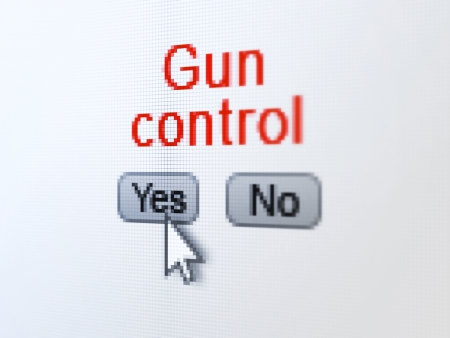 Safety concept  buttons yes and no with pixelated word Gun Control and Arrow cursor on digital computer screen, selected focus 3d renderの写真素材