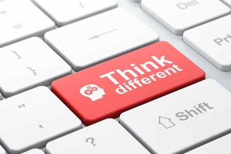 Education concept computer keyboard with Head With Gears icon and word Think Different, selected focus on enter button, 3d render Education concept computer keyboard with Head With Gears icon and word Think Different, selected focus on enter button, 3d render