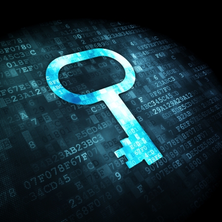 Privacy concept  pixelated Key icon on digital background, 3d renderの写真素材