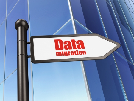 Information concept: Data Migration on Building background, 3d renderの写真素材