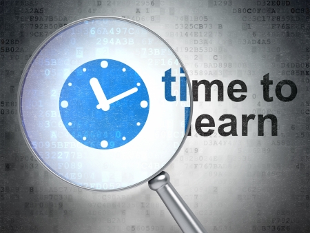 Timeline concept: magnifying optical glass with Clock icon and Time to Learn word on digital background, 3d renderの写真素材