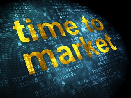 Timeline concept: pixelated words Time to Market on digital background, 3d renderの写真素材