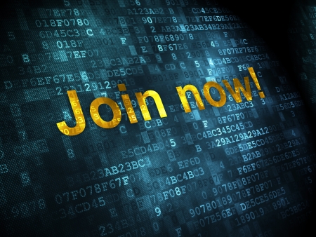 Social network concept: pixelated words Join now! on digital background, 3d renderの写真素材