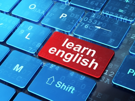 Education concept: computer keyboard with word Learn English on enter button background, 3d render Education concept: computer keyboard with word Learn English on enter button background, 3d render