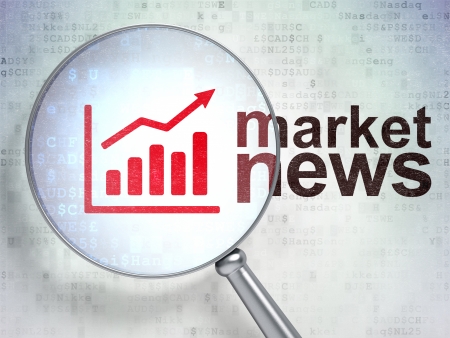 News concept: magnifying optical glass with Growth Graph icon and Market News word on digital background, 3d renderの写真素材