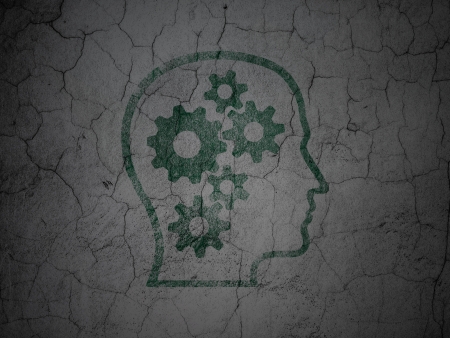 Business concept: Green Head With Gears on grunge textured concrete wall background, 3d renderの写真素材