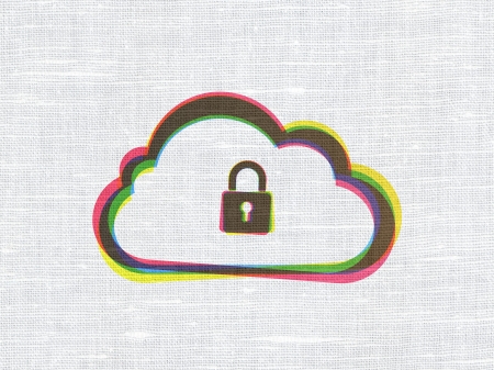 Cloud networking concept: CMYK Cloud With Padlock on linen fabric texture background, 3d renderの写真素材
