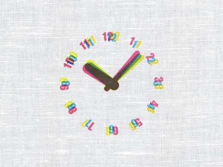 Timeline concept: CMYK Clock on linen fabric texture background, 3d render