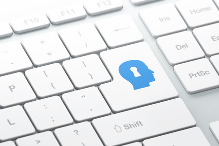 Protection concept: enter button with Head With Keyhole on computer keyboard background, 3d render, selected focusの写真素材