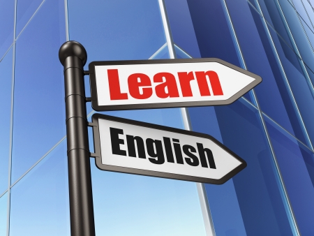 Education concept: sign Learn English on Building background, 3d renderの写真素材