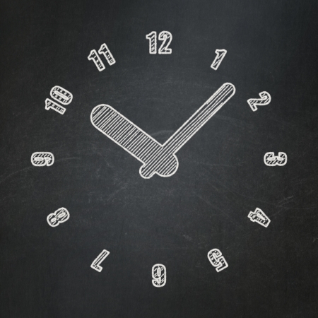 Timeline concept: Clock icon on Black chalkboard background, 3d render