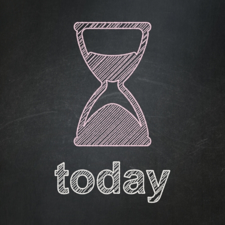 Timeline concept: Hourglass icon and text Today on Black chalkboard background, 3d render